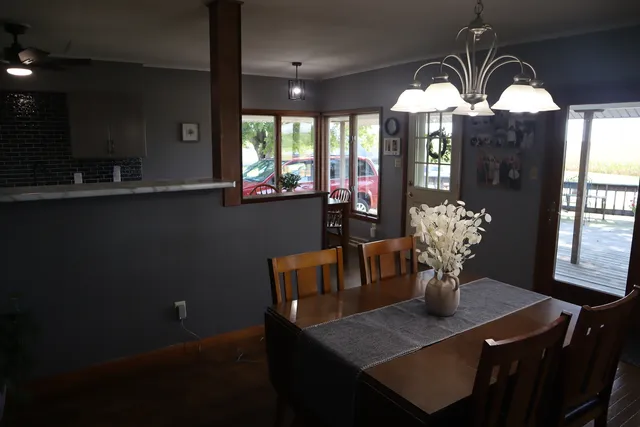 a view of a dining room with furniture and window