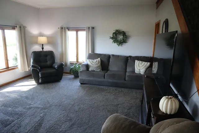 a living room with furniture and a potted plant