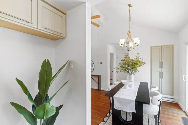 a view of a dining room with furniture