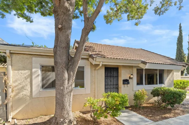 a front view of a house with a tree