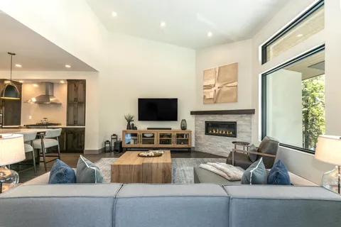 a living room with furniture a flat screen tv and a fireplace