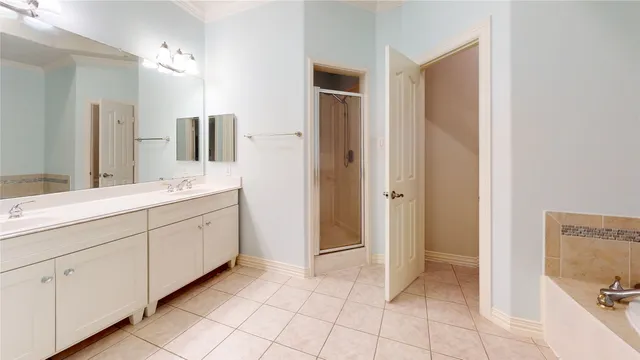 a spacious bathroom with a mirror sink and double