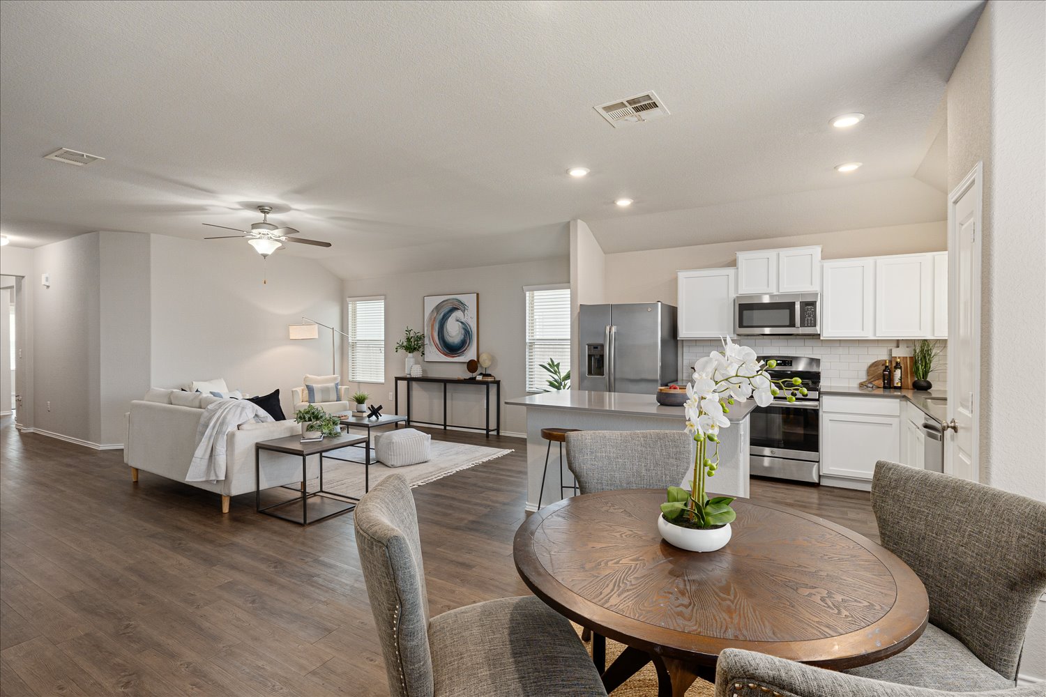 5812 Bell Tower Lane Austin, TX 78747 - Photo 11 of 24 Dining space with dark wood-style flooring, a ceiling fan, and recessed lighting