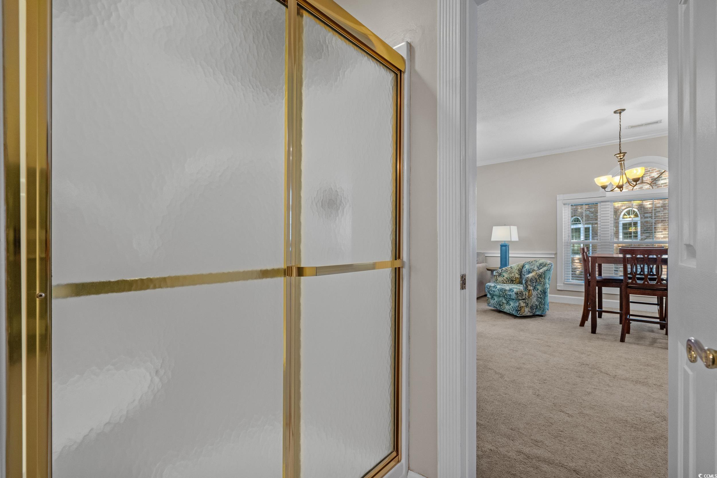 686 Riverwalk Drive, Unit 204 Myrtle Beach, SC 29579 - Photo 22 of 40 Full bath with carpet flooring, a shower stall, a chandelier, crown molding, and a textured ceiling