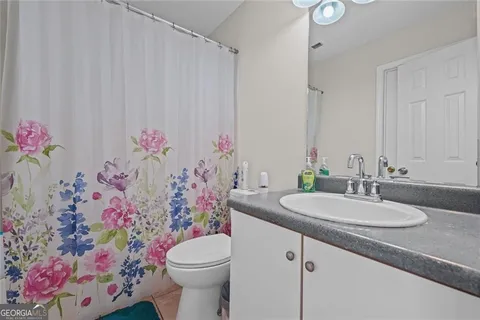 a bathroom with a sink vanity and toilet