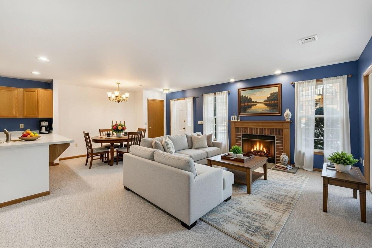 173 Heidel Road Thiensville, WI 53092 - Photo 3 of 34 Open Concept Living Room & Dining Features beautiful fireplace, new carpet, newer windows/doors, snack bar and more!