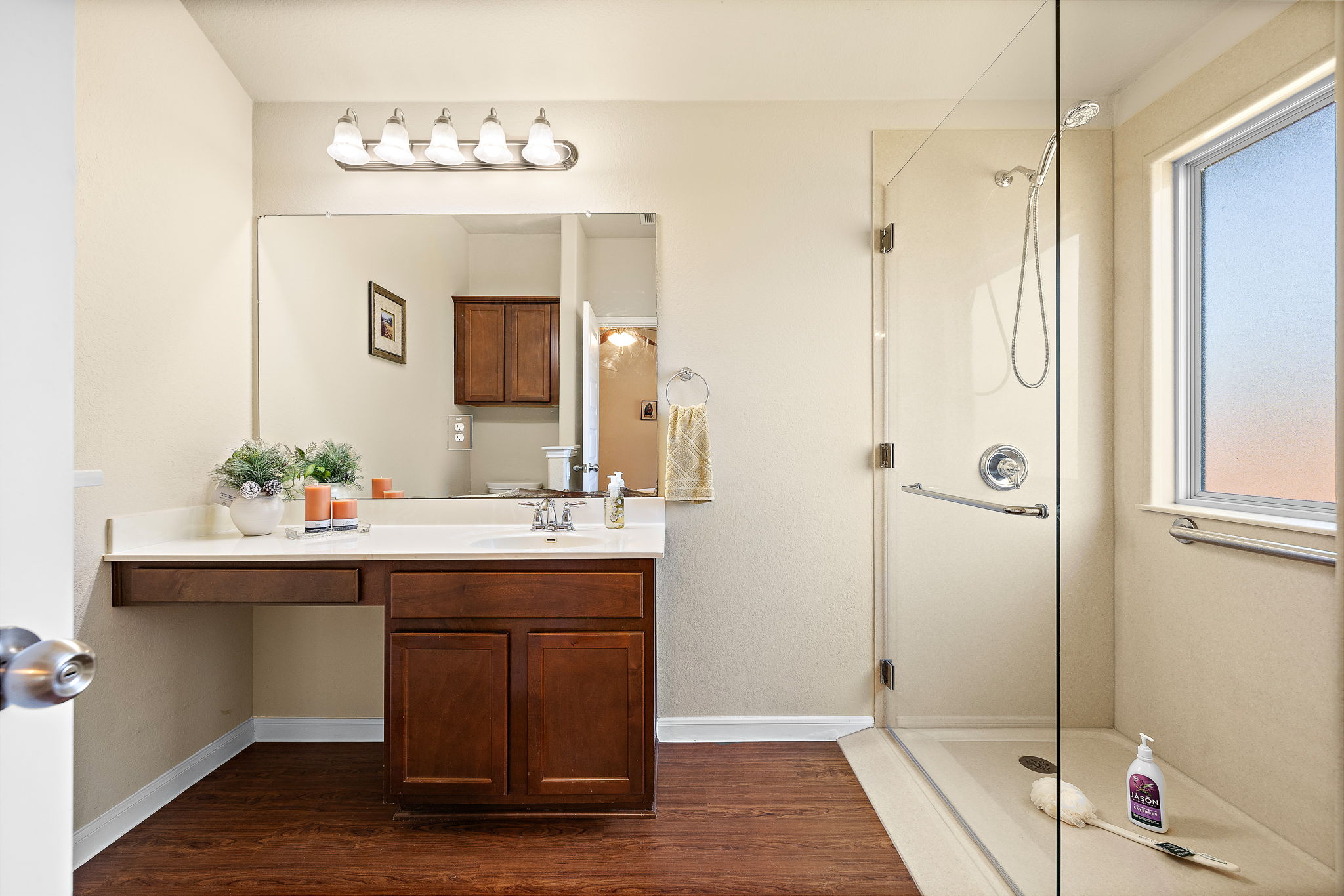 227 Avalanche Avenue Georgetown, TX 78626 - Photo 15 of 27 Bathroom with vanity, a shower stall, and dark wood-type flooring