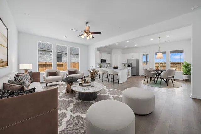 a living room with furniture and a potted plant