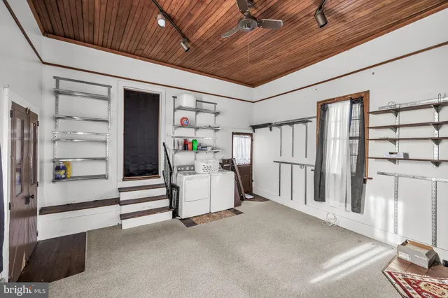 a storage room with fireplace