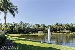 a view of a lake with a yard and large trees