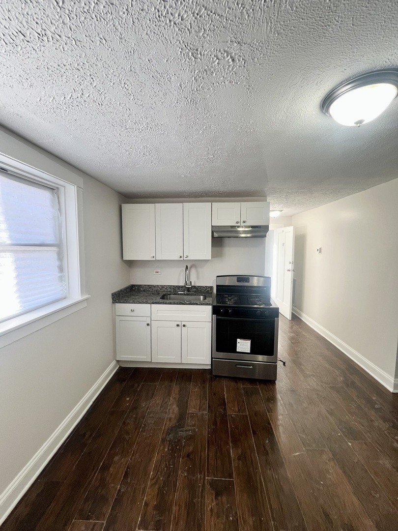 3636 West Iowa Street, Unit BF Chicago, IL 60651 - Photo 12 of 14 a kitchen with a sink and white cabinets with wooden floor