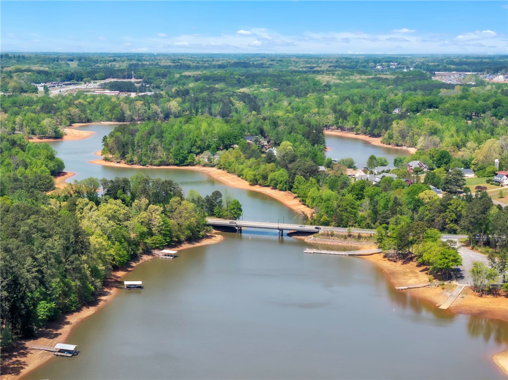 400 Arcadia Drive Anderson, SC 29621 - Photo 39 of 43 This panoramic aerial view captures the serene waterfront with lush trees and a connecting bridge.