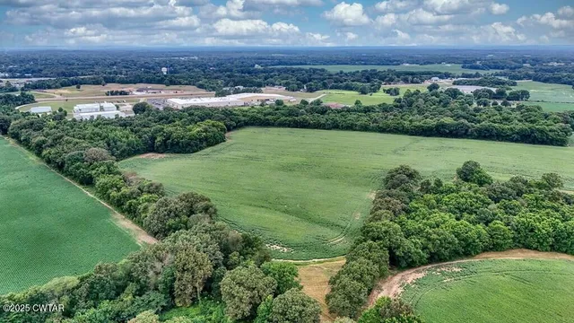 a view of a city with lush green forest