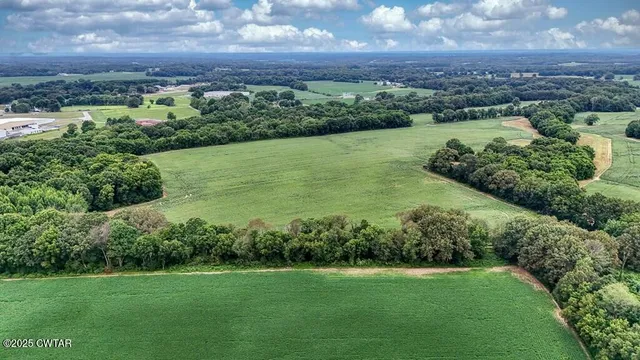 a view of a city with lush green forest