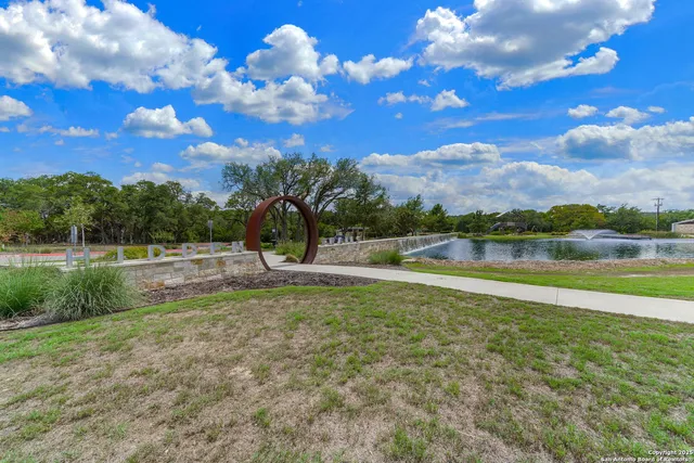 a view of a park with large trees