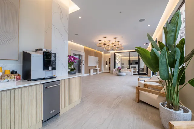 a living room with furniture a chandelier and a potted plant