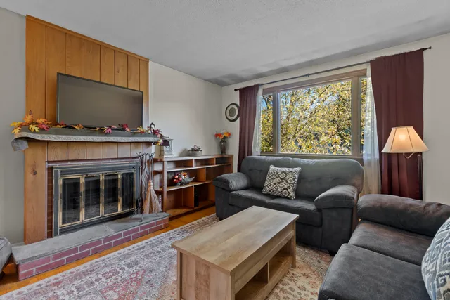 a living room with furniture and a fireplace