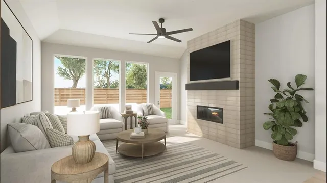 a living room with furniture fireplace and potted plant