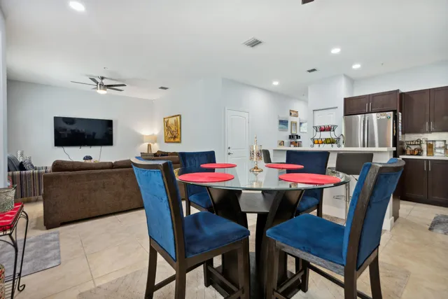 a view of a dining room with furniture