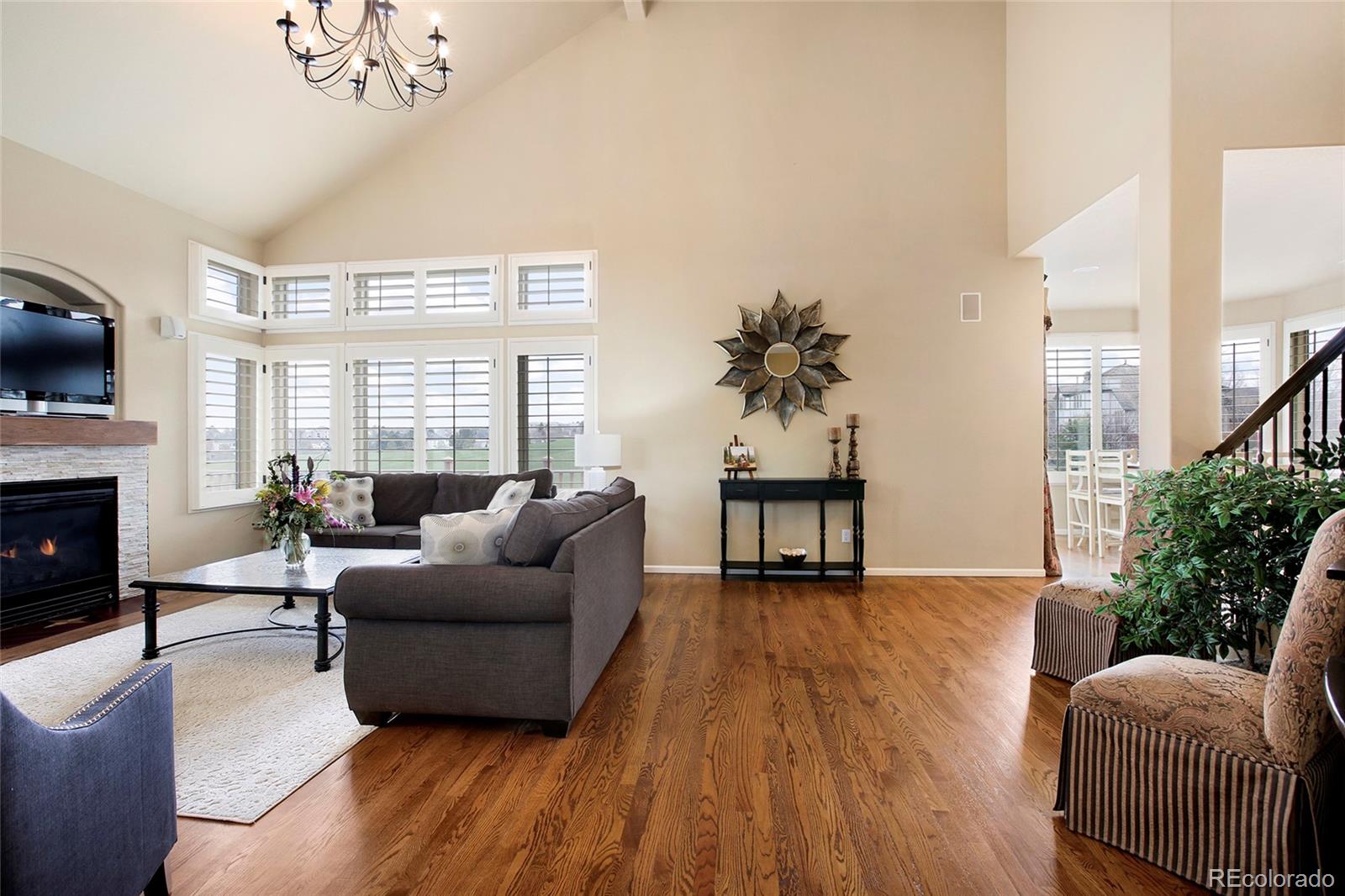 7768 Edgewater Court Lone Tree, CO 80124 - Photo 4 of 39 a living room with furniture window and a fireplace