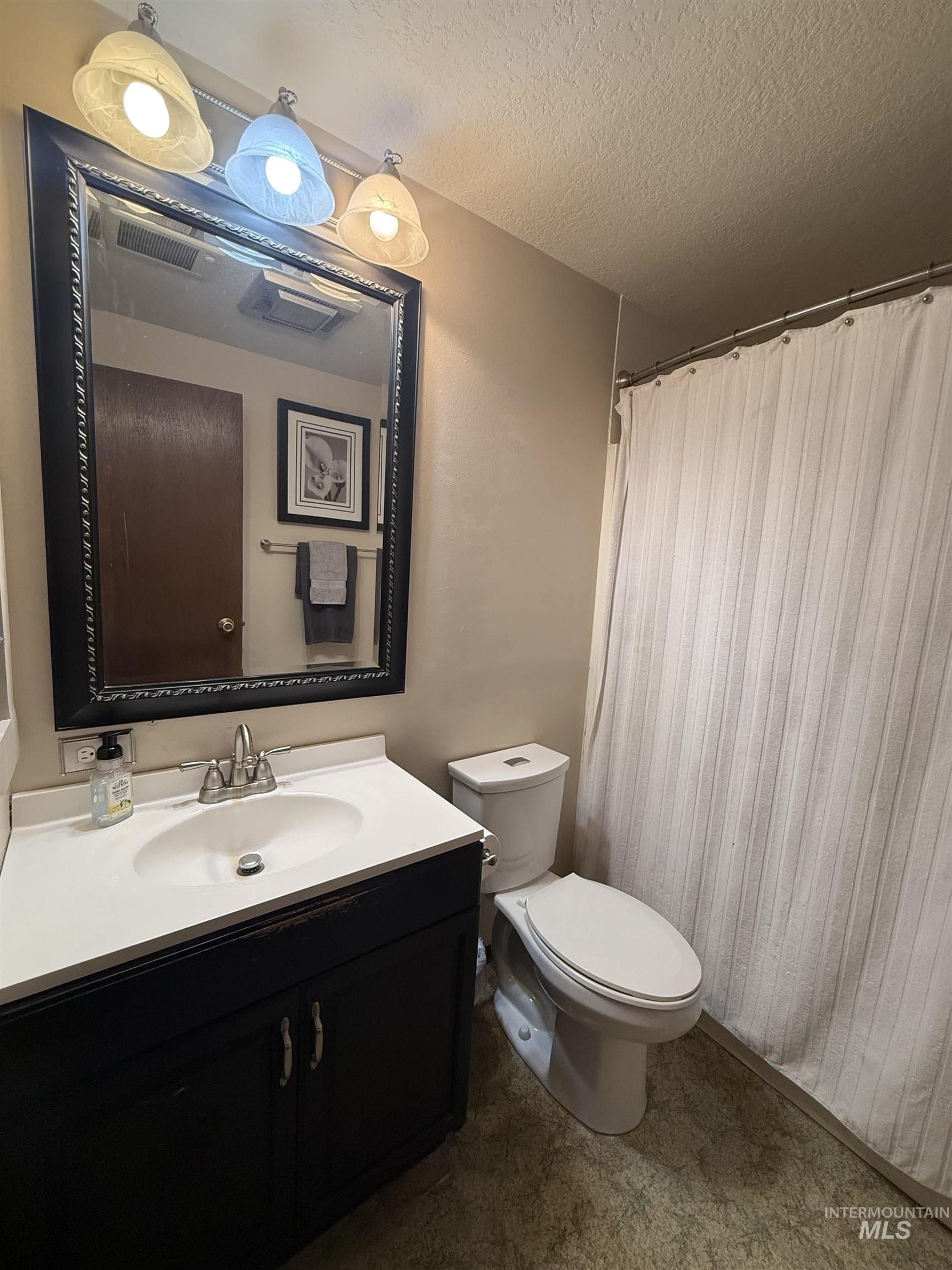 403 138th Street Orofino, ID 83544 - Photo 11 of 32 Bathroom with vanity, a textured ceiling, and curtained shower