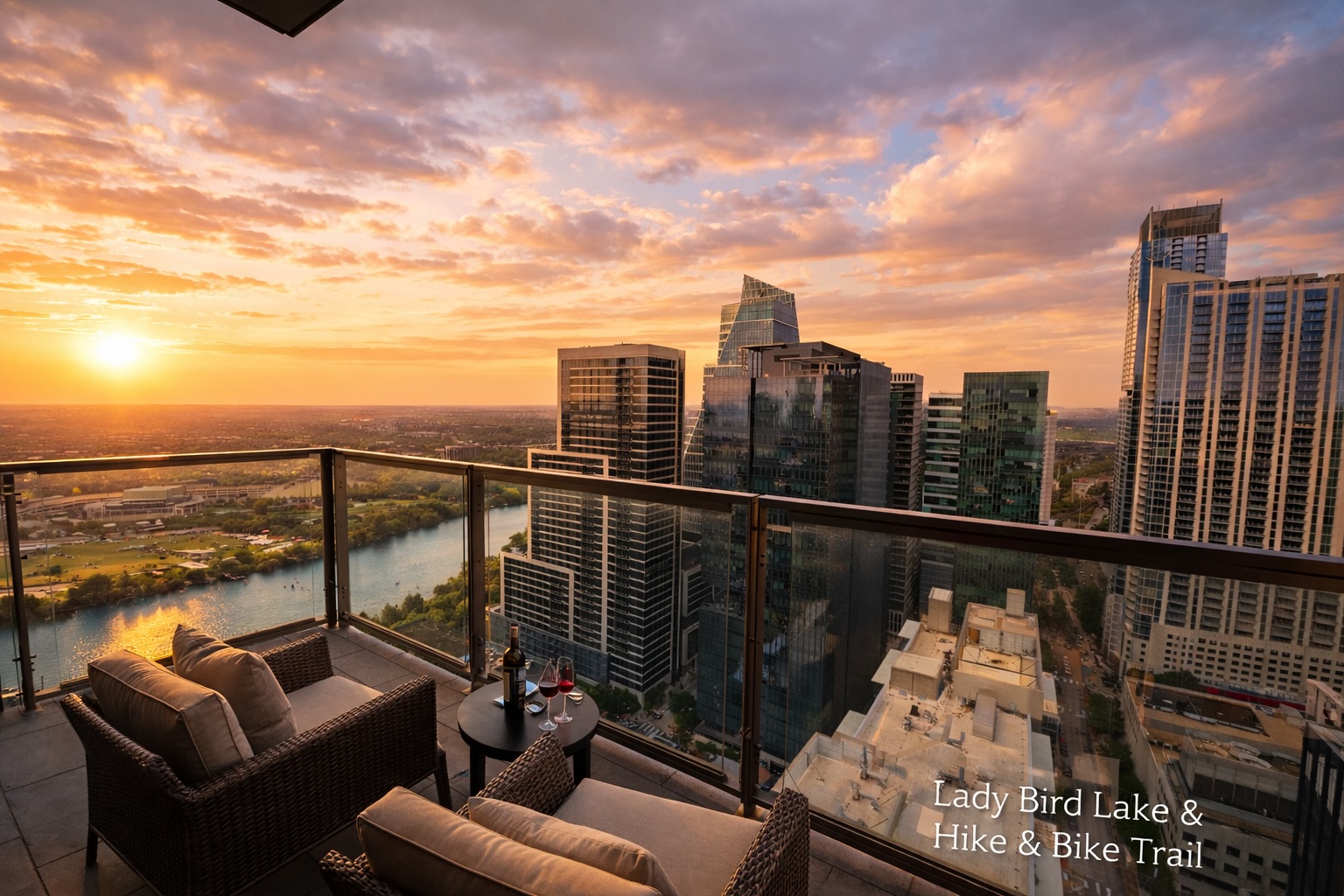 a view of a balcony with couches and wooden floor