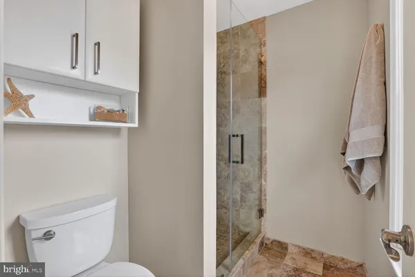 a bathroom with a toilet and a shower