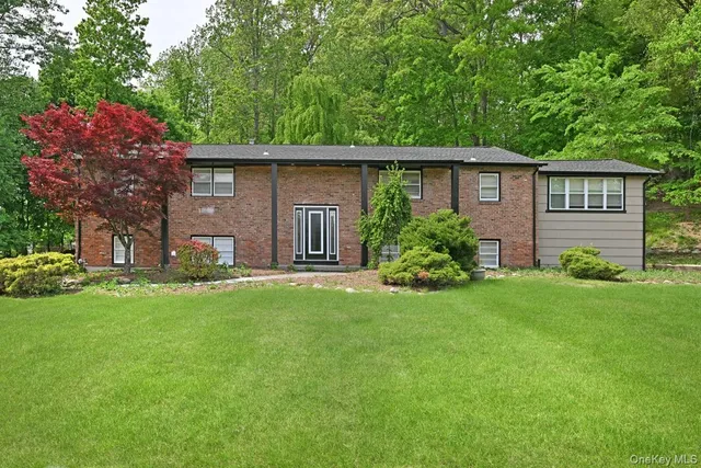 a view of a backyard with potted plants and large trees