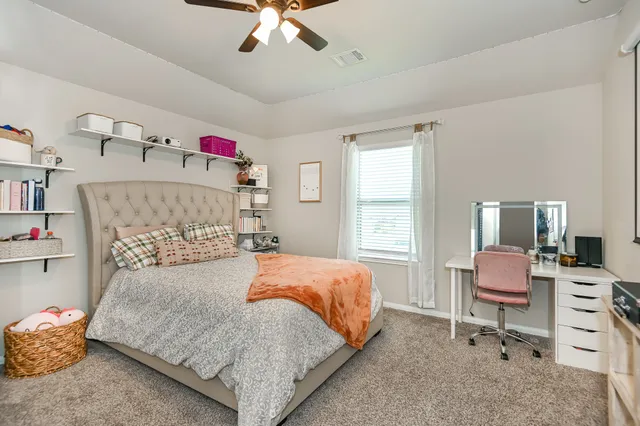 a bedroom with a bed and furniture