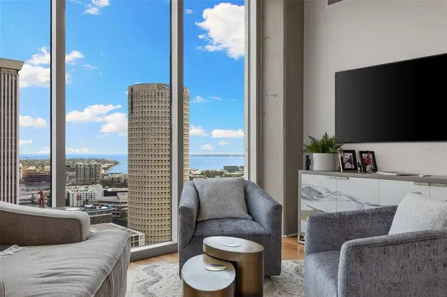 a view of a balcony with city view