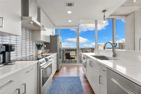 a view of a city from a dining room