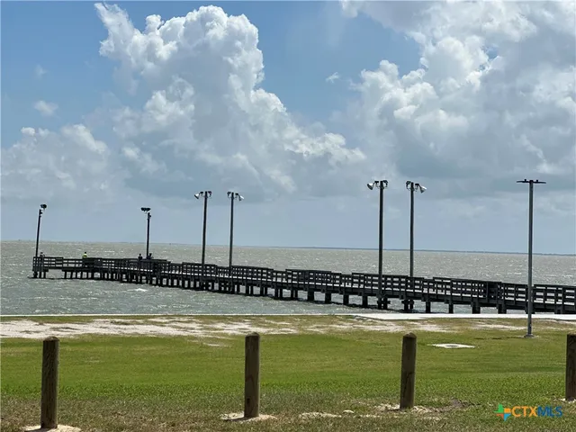 a view of a lake with houses in background