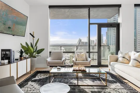 a view of a dining room with furniture