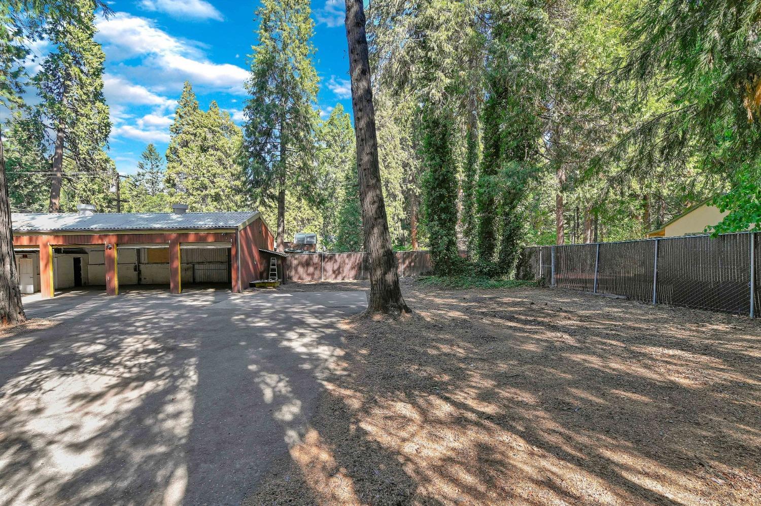 6016 Pony Express Trail Pollock Pines, CA 95726 - Photo 47 of 53 a view of a backyard with large trees and wooden fence