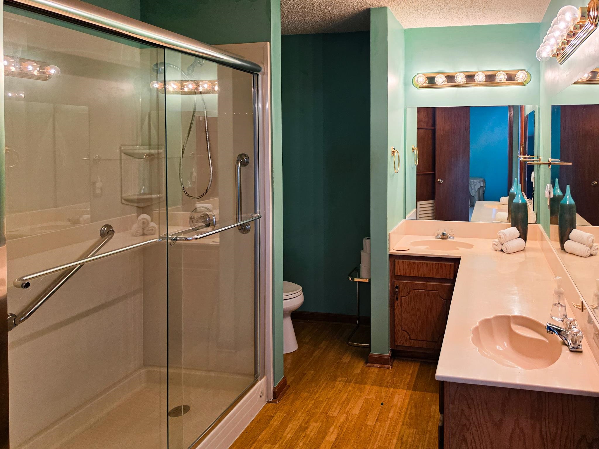 966 Beaver Road Munford, TN 38058 - Photo 14 of 32 Bathroom featuring a glass-enclosed shower with grab bars, a double vanity with shell-shaped sinks, a mirror with multi-bulb light fixtures, and wood-finish flooring