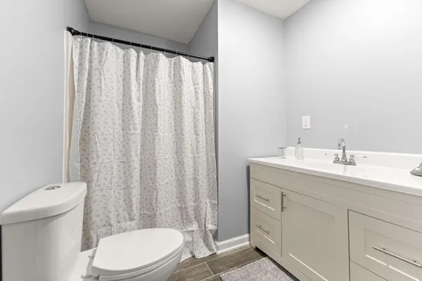 a bathroom with a sink a toilet a mirror and shower curtain