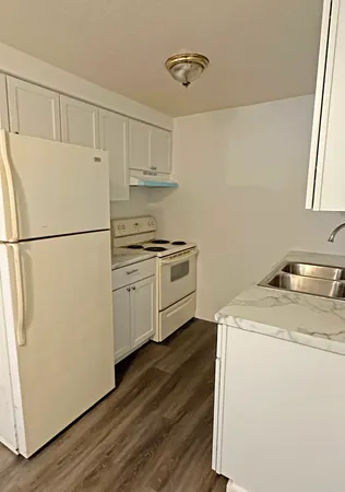 a white refrigerator freezer and a wooden floor