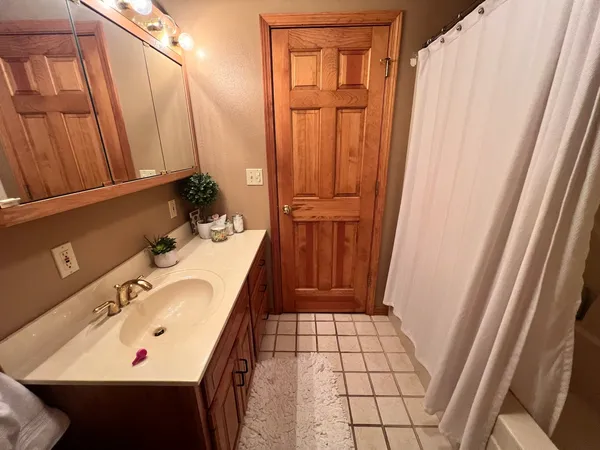 a bathroom with a sink a mirror and a shower curtain