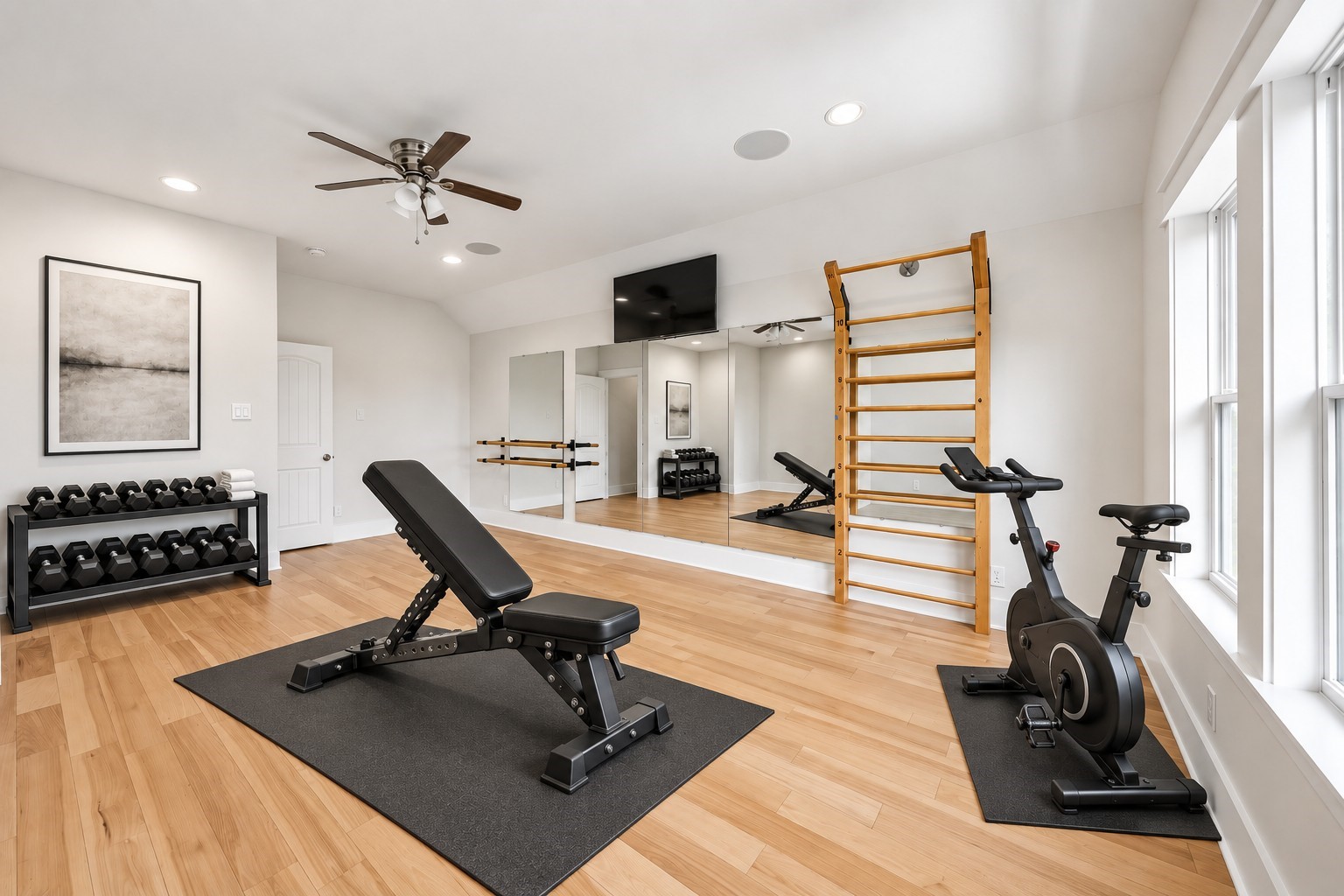 8558 Ridgepoint Drive Houston, TX 77055 - Photo 3 of 39 Mirrored walls and wood floors set the foundation for a private fitness studio with a modern club aesthetic. Virtually staged; equipment is illustrative.