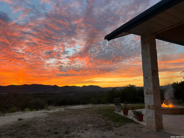 a view of a patio with a mountain view