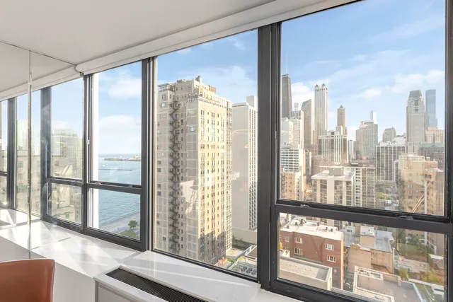 a view of a city from a living room