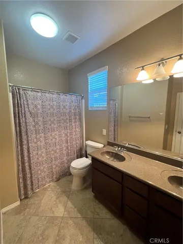 a bathroom with a double vanity sink a toilet a mirror and shower