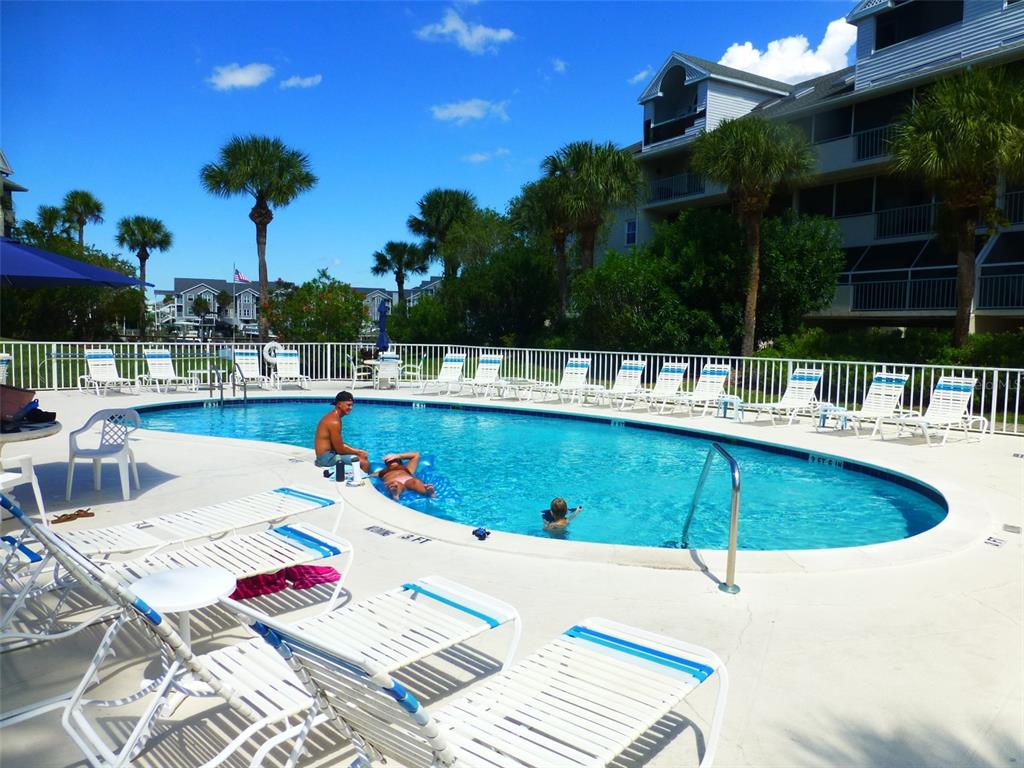 5557 Sea Forest Drive, Unit 215 New Port Richey, FL 34652 - Photo 4 of 42 a view of a swimming pool with a patio and plants