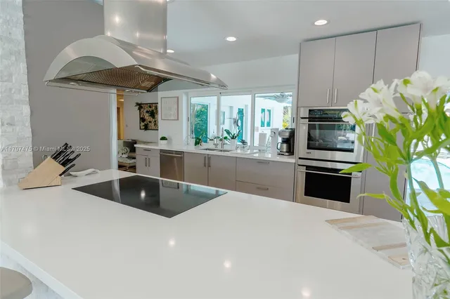 a kitchen with stainless steel appliances a sink a counter top space cabinets and a potted plant