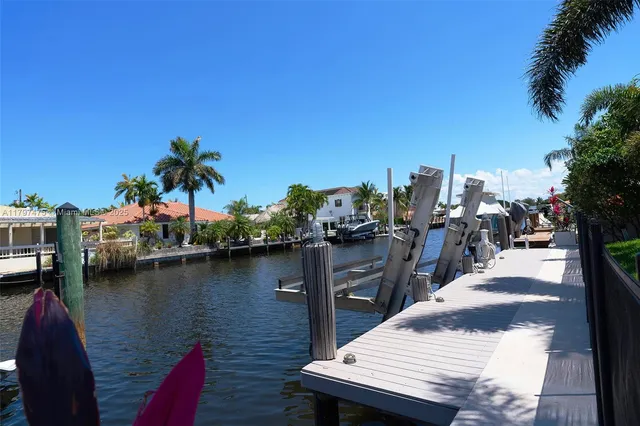 a view of a lake with boats and palm trees