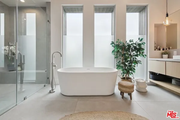 a potted plant sitting next to a bathroom sink
