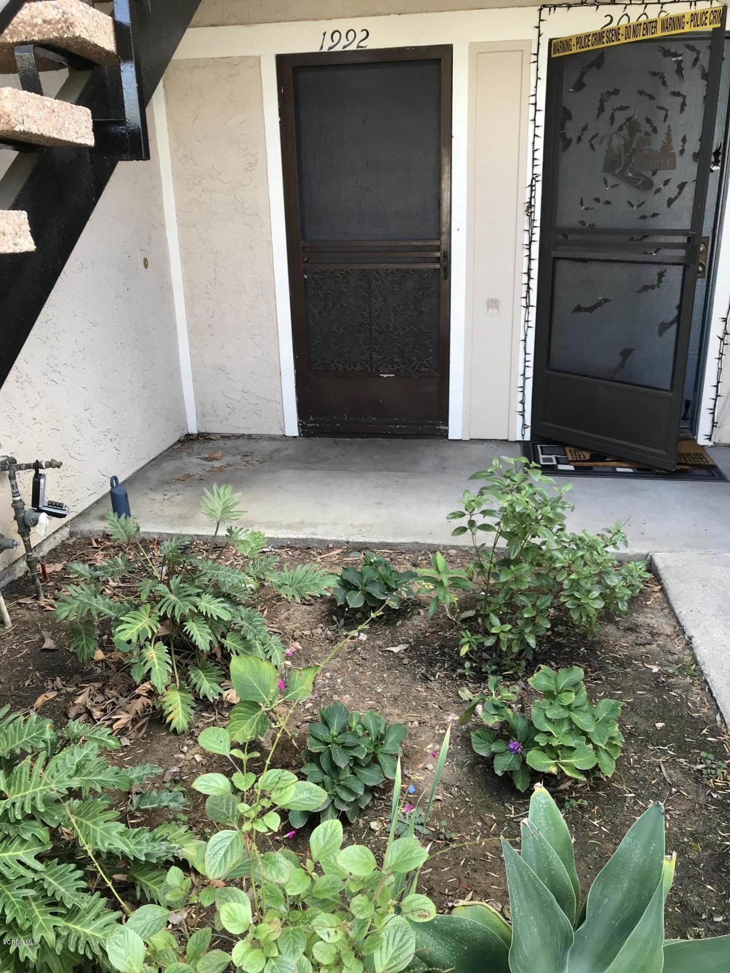 a couple of potted plants in front of door