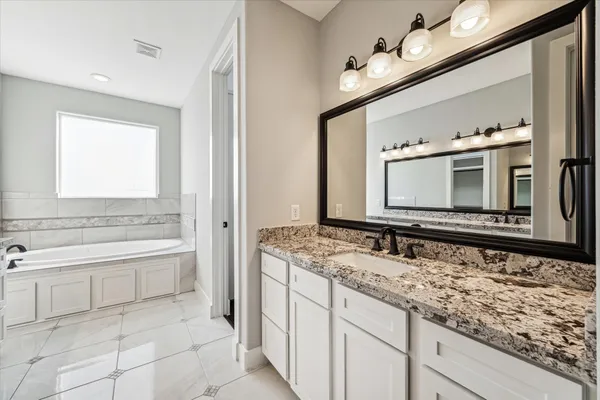 a bathroom with a granite countertop double vanity sink a mirror and a bathtub