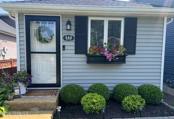 a view of a bunch of flowers and front door