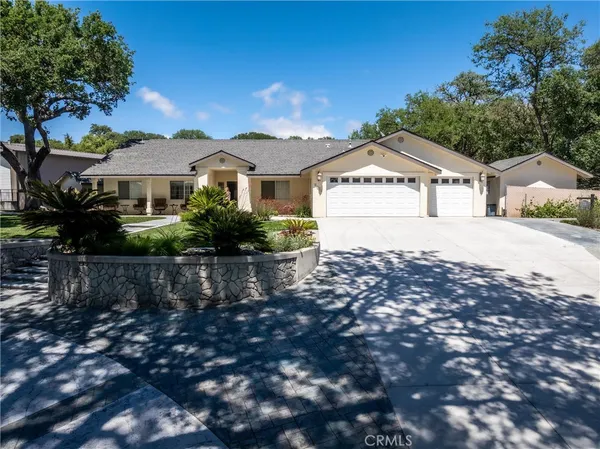 a backyard of a house with plants and large tree